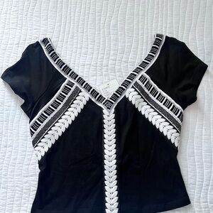 Anthropologie Black and White Embellished Crop Blouse